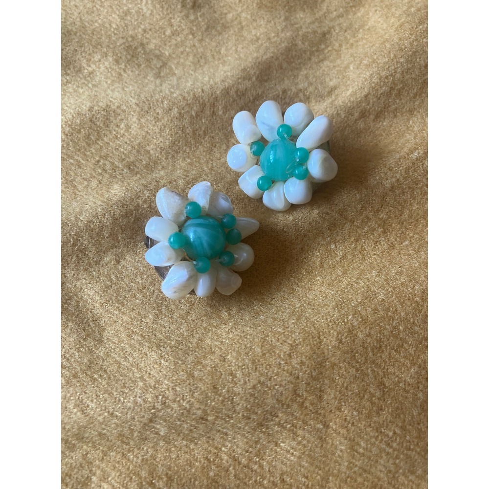 Oblong faux Pearl White Circles with green Center Clip‎ on Earrings